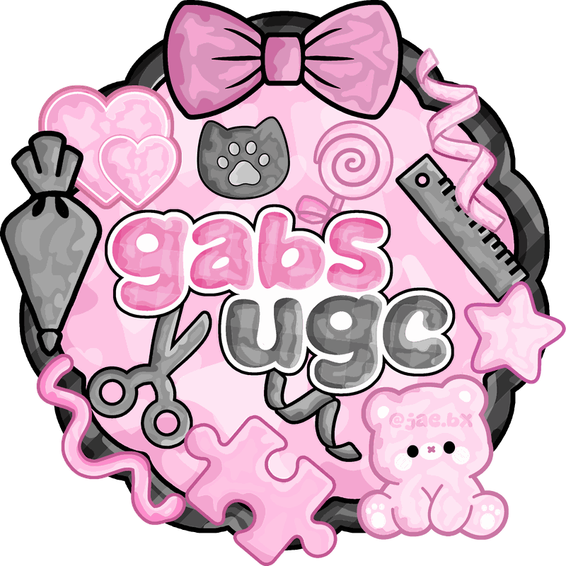 Gabs UGC logo: the words gabs and ugc on a round sticker with a bow, hearts, a cat paw, a lollipop and a teddy bear